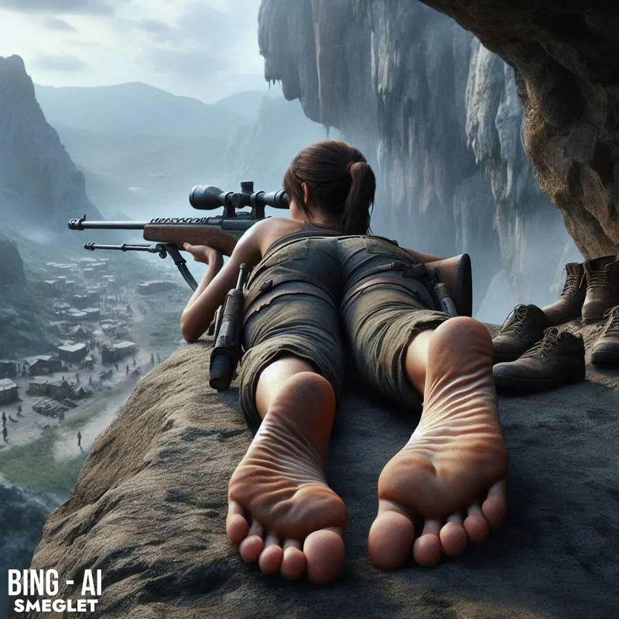 Image female,solo,barefoot,feet,ai_generated,solo_female,foot_fetish,brown_hair,3d,soles,fully_clothed,mountain,shoes_removed,foot_focus,caucasian,full_color,no_penetration,laying_on_stomach,lara_croft,tomb_raider,aiming_weapon,sniper_rifle,caucasian_female,sniper,dall-e3,bing_image_creator