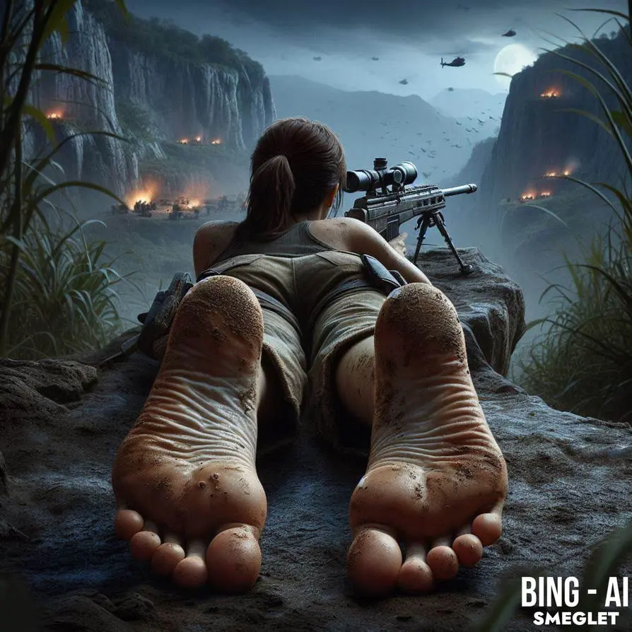 Image female,solo,barefoot,feet,ai_generated,solo_female,foot_fetish,brown_hair,3d,fully_clothed,mountain,foot_focus,caucasian,full_color,no_penetration,laying_on_stomach,lara_croft,tomb_raider,aiming_weapon,sniper_rifle,caucasian_female,sniper,dall-e3,dirty_soles,bing_image_creator