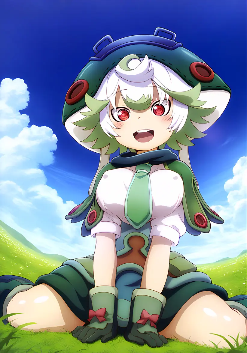 Image big_breasts,breasts,female,looking_at_viewer,red_eyes,white_hair,short_hair,thick_thighs,thighs,multicolored_hair,smiling,ai_generated,huge_breasts,shortstack,nipples_visible_through_clothing,big_hat,made_in_abyss,prushka,mr._nyazakura