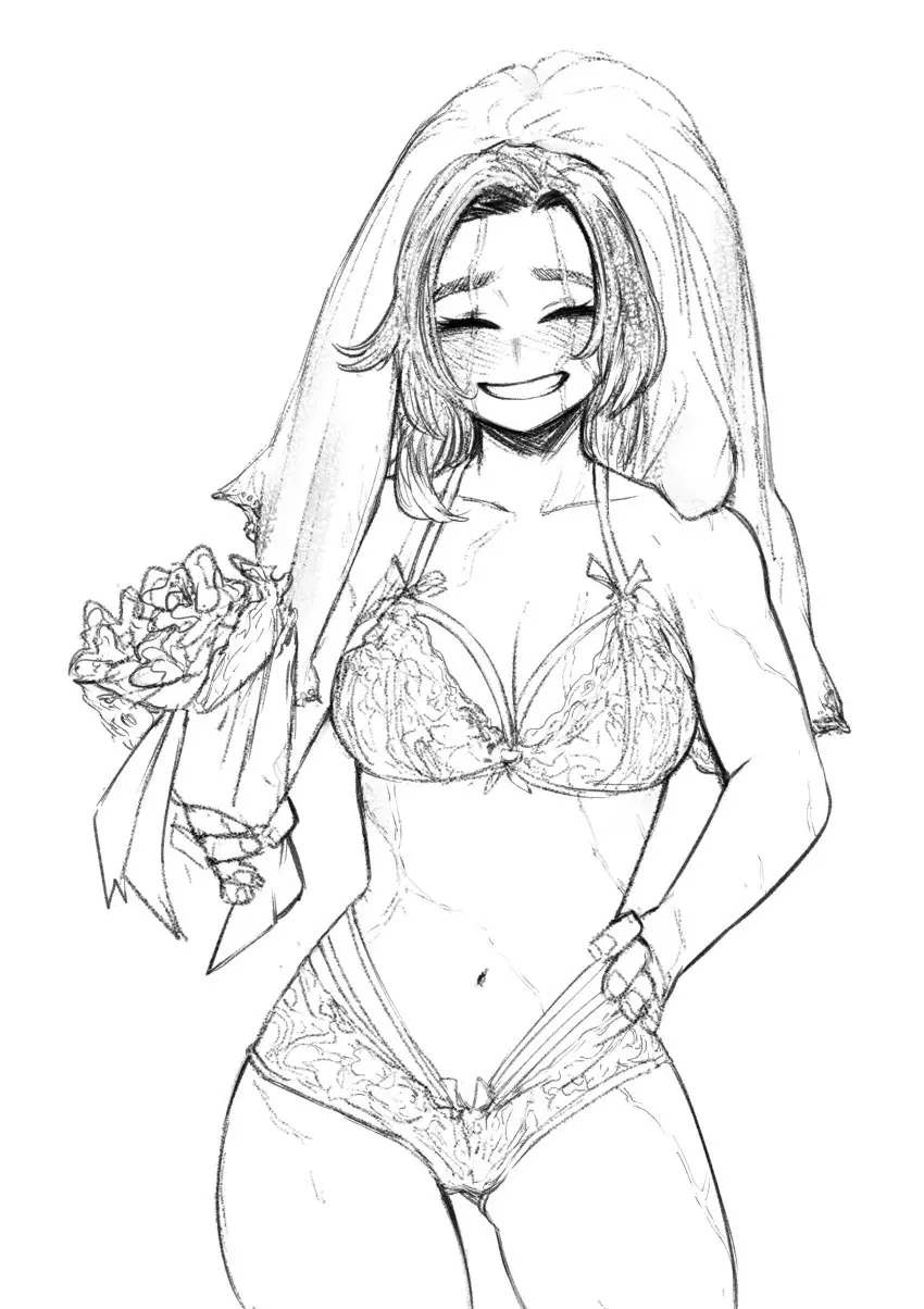 Image female,lingerie,my_hero_academia,amano44,black_and_white,sketch,scars,older_female,lady_nagant,kaina_tsutsumi,bride,wedding_lingerie,bouquet