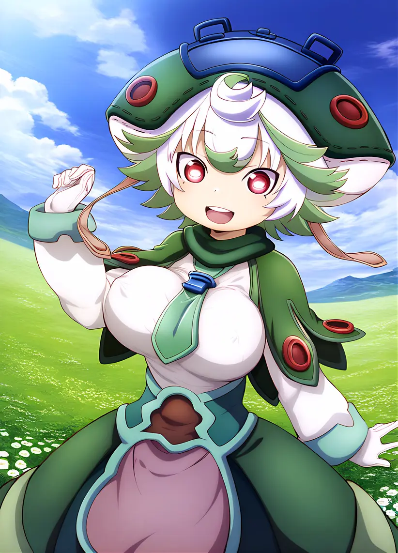 Image big_breasts,breasts,female,looking_at_viewer,red_eyes,white_hair,short_hair,multicolored_hair,smiling,ai_generated,huge_breasts,shortstack,nipples_visible_through_clothing,big_hat,made_in_abyss,prushka,mr._nyazakura