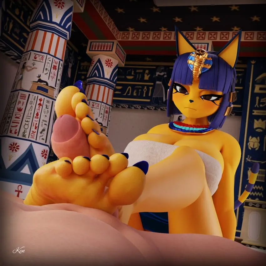 Image big_breasts,breasts,female,male,faceless_male,barefoot,feet,foot_fetish,nintendo,3d,soles,interspecies,animal_crossing,ankha,ankha_(animal_crossing),3d_model,footjob,yellow_skin,bob_cut,blue_toenails,doubutsu_no_mori,nairu_(doubutsu_no_mori),claw_nails,kenaga