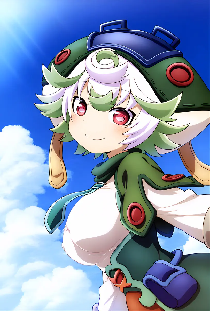 Image big_breasts,breasts,female,looking_at_viewer,red_eyes,white_hair,short_hair,multicolored_hair,smiling,ai_generated,huge_breasts,shortstack,nipples_visible_through_clothing,big_hat,made_in_abyss,prushka,mr._nyazakura