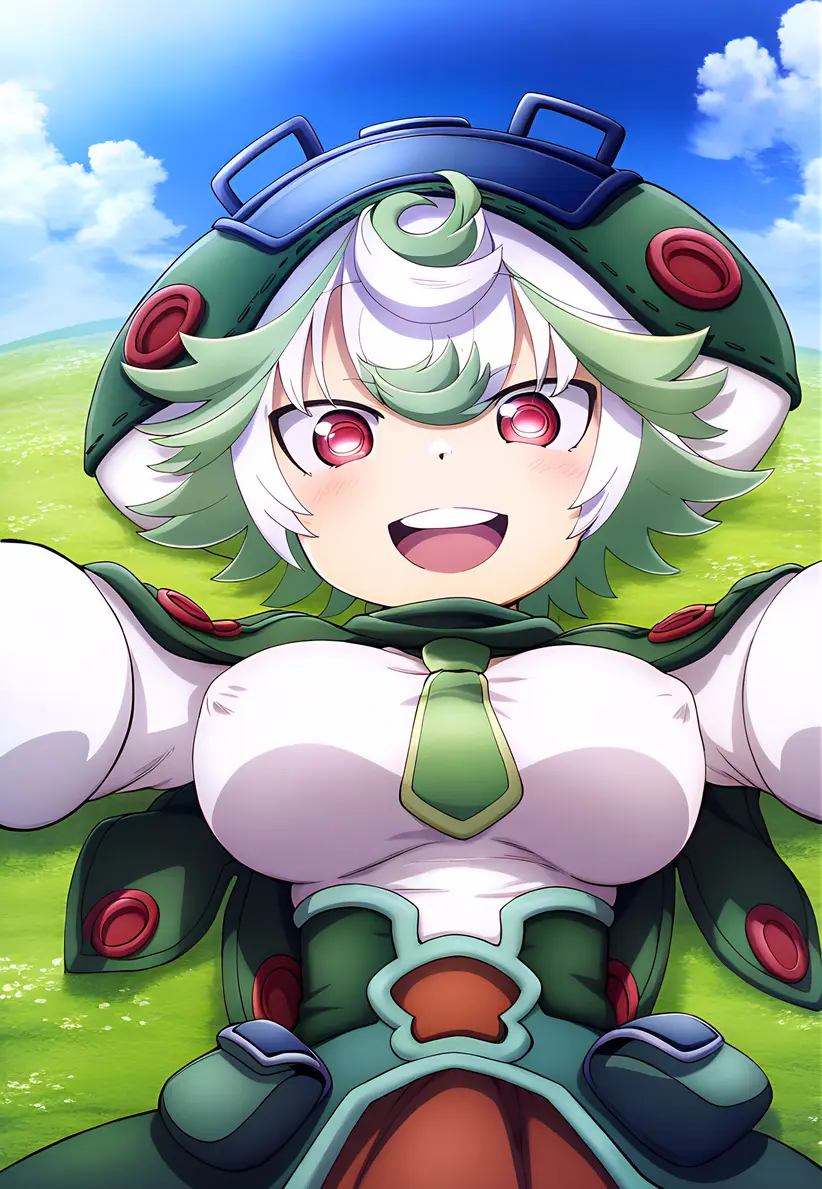 Image big_breasts,breasts,female,looking_at_viewer,red_eyes,white_hair,short_hair,multicolored_hair,smiling,ai_generated,huge_breasts,shortstack,nipples_visible_through_clothing,big_hat,made_in_abyss,prushka,mr._nyazakura
