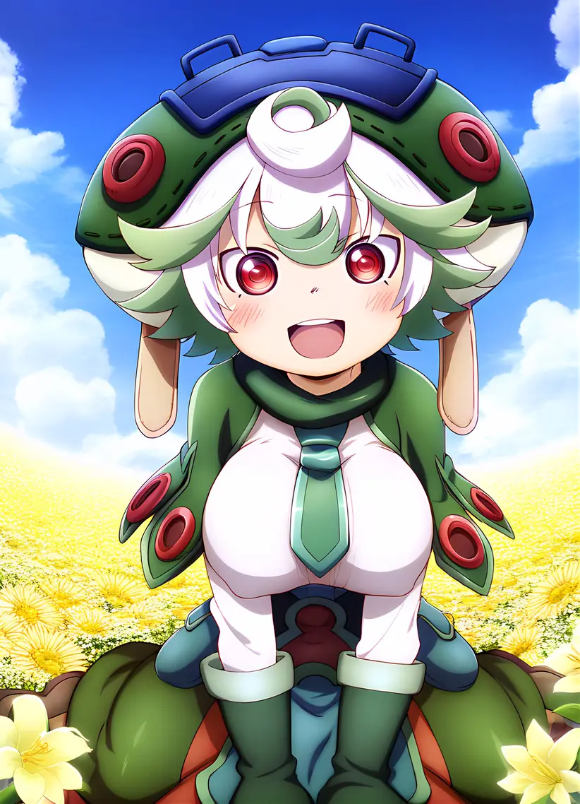 Image big_breasts,breasts,female,looking_at_viewer,red_eyes,white_hair,short_hair,multicolored_hair,smiling,ai_generated,huge_breasts,shortstack,nipples_visible_through_clothing,big_hat,made_in_abyss,prushka,mr._nyazakura
