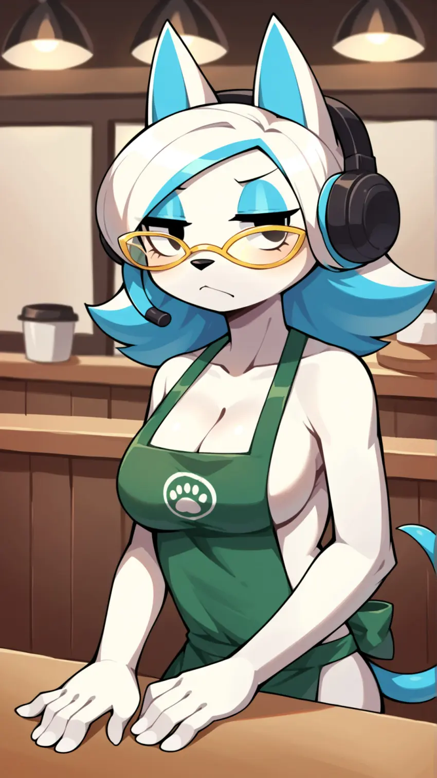 Image 1girls,breasts,female,headphones,ai_generated,sideboob,anthro,stable_diffusion,white_fur,apron_only,yellow_glasses,bored,glitch_productions,smg4,cafe,karen_(smg4),karen_katphish,autismmix_pony(model),marusame