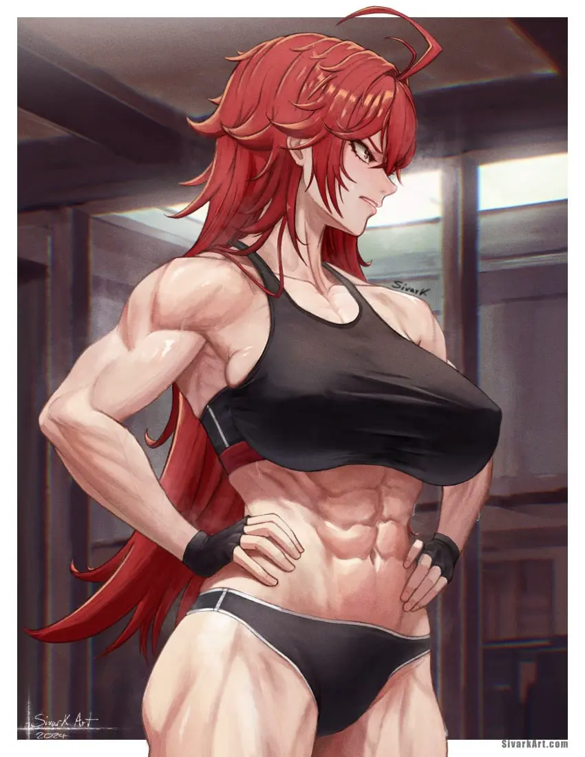 Image 1girls,breasts,female,large_breasts,red_eyes,solo,red_hair,muscular,sports_bra,ahoge,goddess_of_victory:_nikke,matching_hair/eyes,signature,muscular_female,url,sports_bikini,nihilister_(nikke),sivarkart
