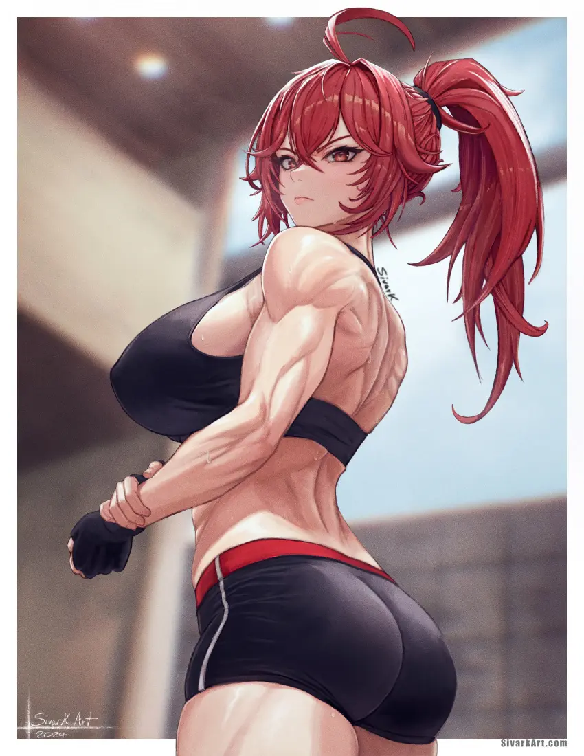 Image 1girls,breasts,female,hi_res,large_breasts,looking_at_viewer,red_eyes,solo,red_hair,ass,ponytail,muscular,sports_bra,absurd_res,ahoge,goddess_of_victory:_nikke,matching_hair/eyes,signature,muscular_female,web_address,nihilister_(nikke),sivarkart