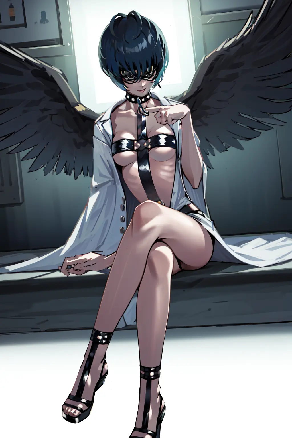 Image breasts,female,light-skinned_female,light_skin,short_hair,choker,small_breasts,ai_generated,grin,grinning,wings,sitting,pale-skinned_female,pale_skin,black_wings,heels,platform_heels,persona,sitting_on_bed,labcoat,blindfold,persona_5,spiked_collar,bob_cut,bondage_outfit,dark_blue_hair,legs_crossed,spiked_choker,leather,ankle_cuffs,nurse,dark,tae_takemi,bondage_harness,strappy_heels,leather_harness,leather_straps,backlighting,shadows,tugging_clothing,angel_(megami_tensei),angel_(megami_tensei)_(cosplay),backlit,tugging_collar