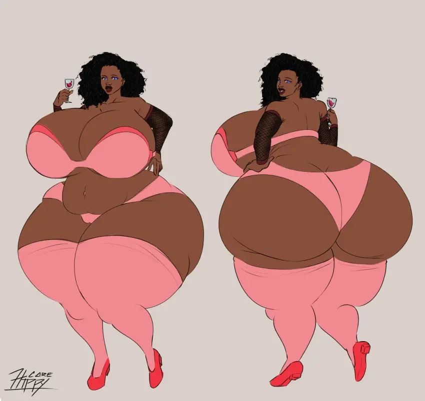 Image breasts,female,large_breasts,black_hair,huge_butt,wide_hips,dark-skinned_female,dominant,oc,tight_bra,obese_female,stripper,barely_clothed,wine_glass,pink_lingerie,tall,chubby_belly,hippycore,seven_feet_tall