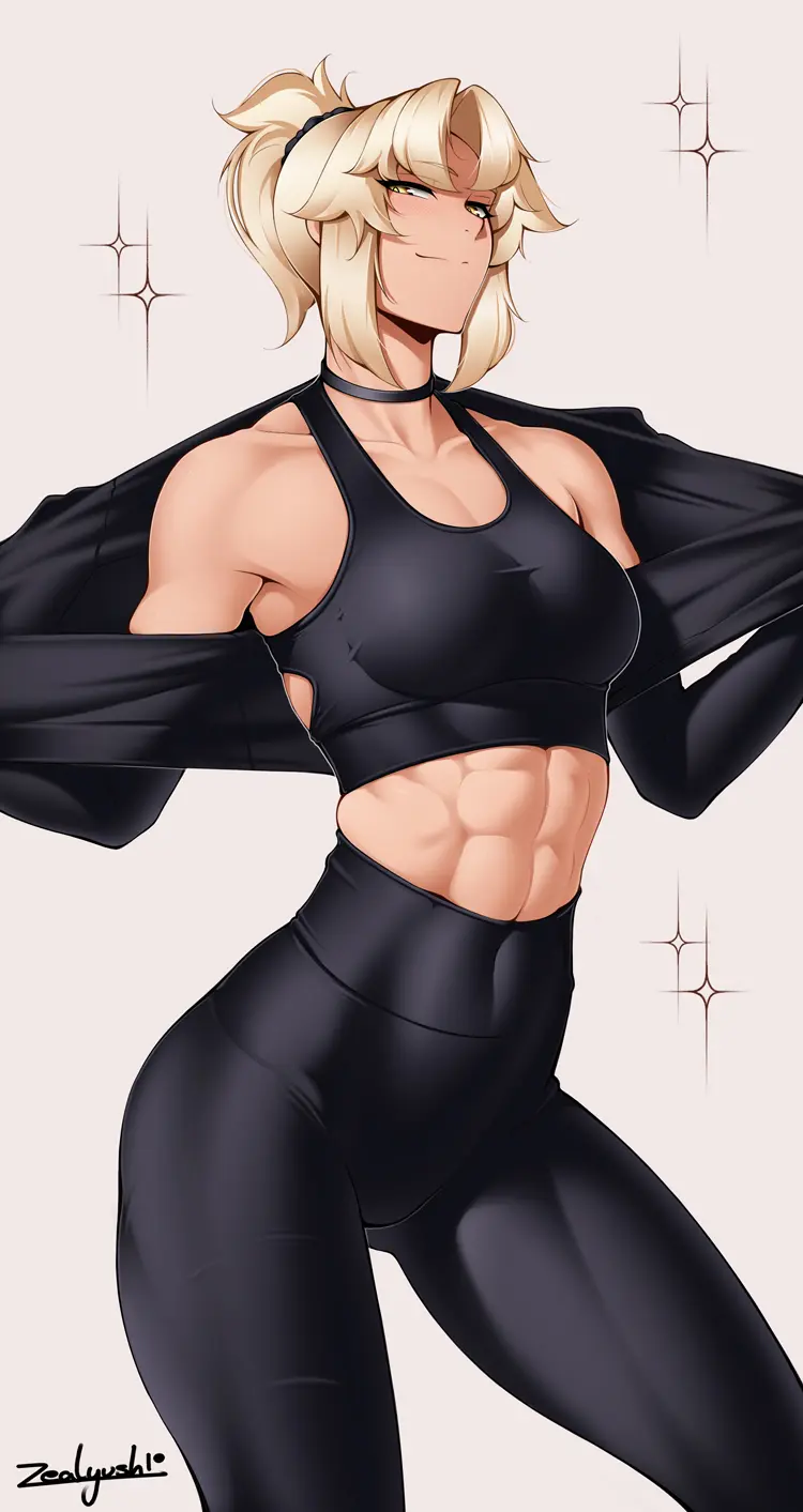Image 1girls,breasts,female,simple_background,solo,yellow_eyes,choker,small_breasts,ponytail,muscular,sports_bra,sportswear,midriff,solo_female,blonde_hair,smug,black_choker,abs,muscular_female,undressing,fate_(series),toned,toned_female,open_jacket,leggings,mordred_(fate),mordred_(fate/apocrypha),zealyush