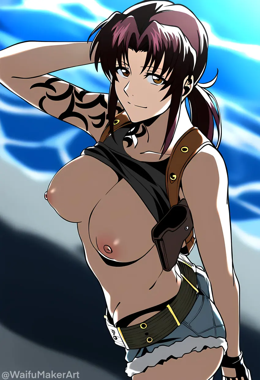 Image 1girls,breasts,breasts_out,female,nipples,smile,beach,ai_generated,huge_breasts,posing,black_panties,shirt_lift,short_shorts,tits_out,black_lagoon,revy,waifumakerart