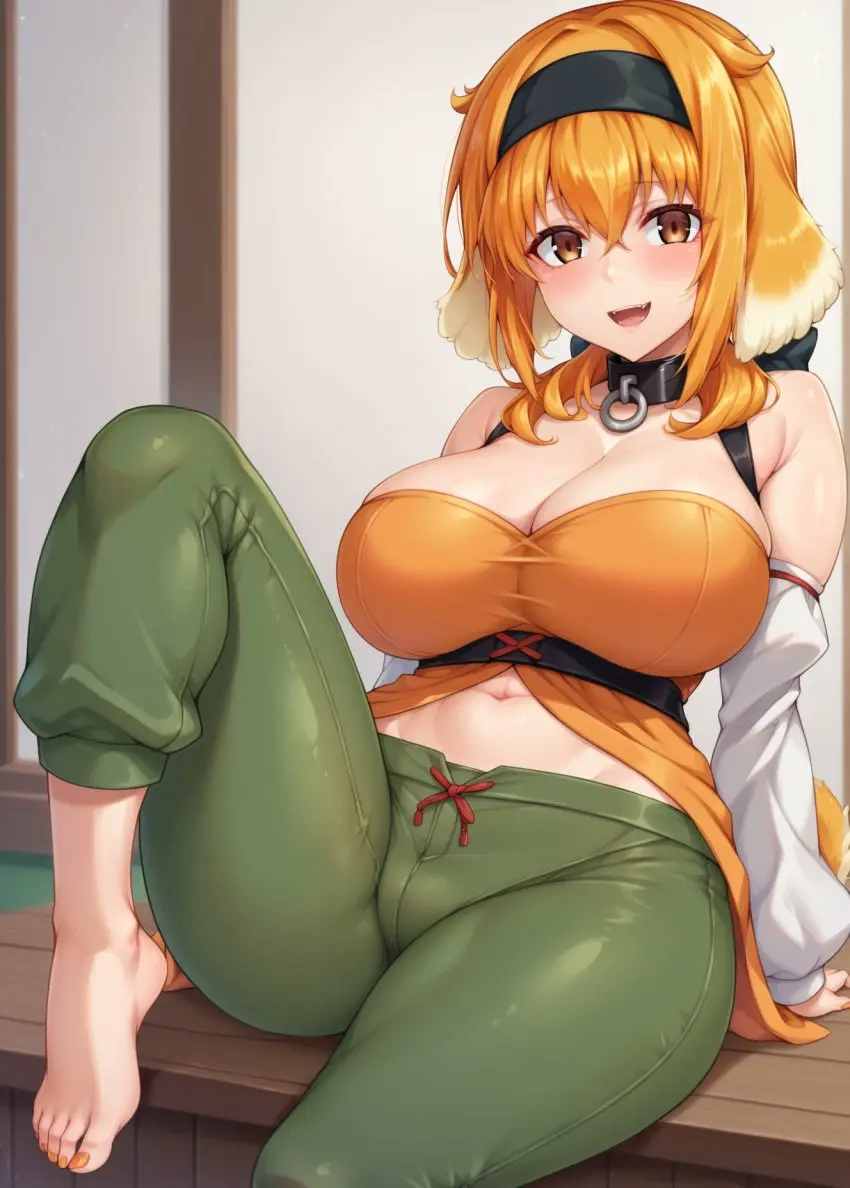 Image big_breasts,breasts,female,feet,patreon,ai_generated,orange_hair,isekai_meikyuu_de_harem_wo,roxanne_(isekai_meikyuu_de_harem_wo)