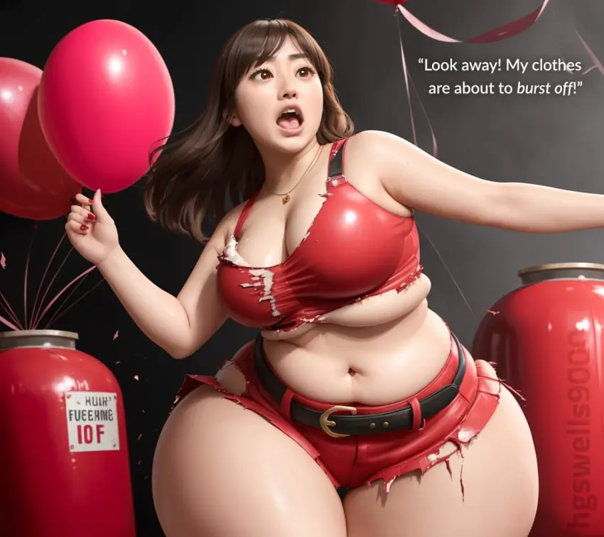 Image 1girls,big_breasts,breasts,female,light-skinned_female,long_hair,navel,big_ass,ai_generated,cleavage,stable_diffusion,brown_hair,inflation,dialogue,belt,black_belt,big_thighs,expansion,asian,asian_female,tank_top,ass_expansion,breast_expansion,ripped_clothing,short_shorts,belly_expansion,balloon,red_tank_top,red_shorts,pudgy_belly,helium_inflation,hgswells9000