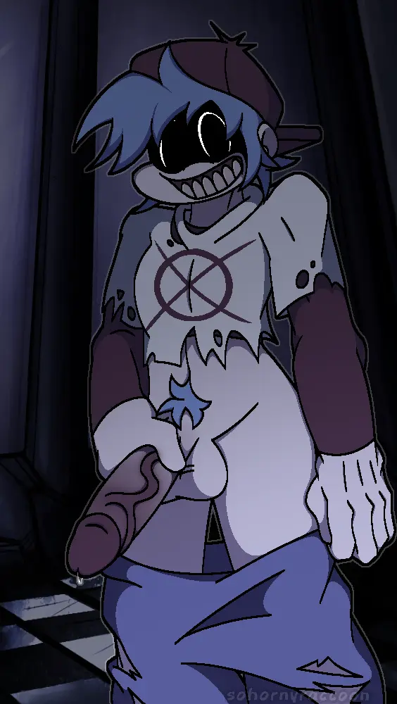 Image looking_at_viewer, pants, smile, blue_hair, male, penis, hat, smiling, smiling_at_viewer, watermark, male_only, teeth, teeth_showing, pants_down, alternate_version_available, pubic_hair, self_upload, precum, white_shirt, precum_drip, male_focus, blue_pants, holding_penis, ripped_clothing, hand_on_penis, friday_night_funkin, friday_night_funkin_mod, red_hat, penis_out, boyfriend_(friday_night_funkin), showing_off, showing_teeth, ripped_pants, showing_penis, hit_single_(fnf_mod), screenshot_background, shadow_on_eyes, silly_billy, sohornyraccoon, yourself_(divide)
