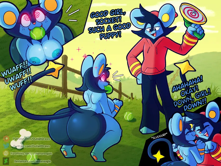 Image big_breasts,breasts,clothing,female,hi_res,nipples,licking,male,nude,pokemon,pokemon_(species),tail,tongue,ass,big_butt,hat,duo,headwear,wide_hips,areola,headgear,male/female,anthro,text,closed_eyes,nintendo,paws,sound_effects,english_text,breast_squish,squish,sweater,topwear,generation_4_pokemon,ball,hypnosis,hypnotic_eyes,bone,pawpads,onomatopoeia,mind_control,looking_up,luxio,outlet_(outletdraws),park,face_lick,slurping,tennis_ball,outletdraws,barking,hypno_beam_gun,ball_in_mouth,socket_(outletdraws)