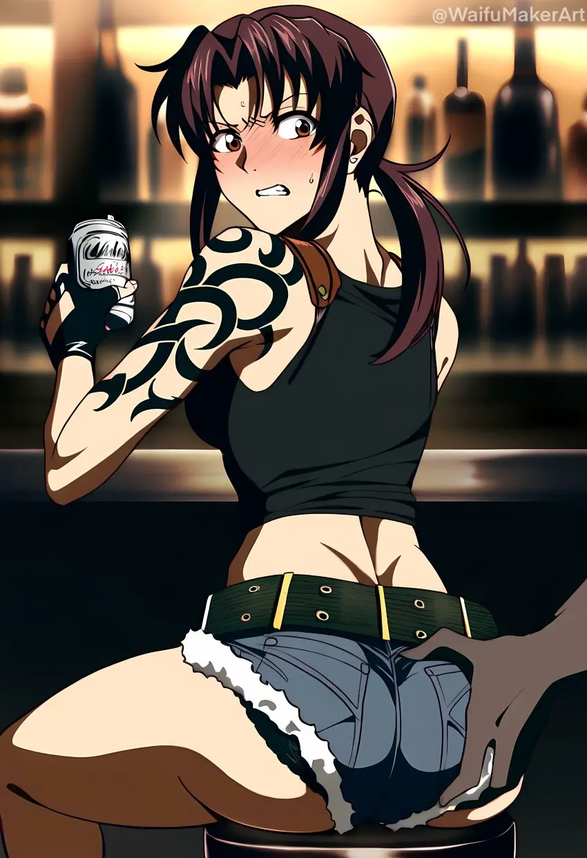 Image 1girls,blush,female,1boy,male,dark-skinned_male,embarrassed,ai_generated,sitting,ass_grab,surprised,angry,sexual_assault,groping,bear,sitting_on_chair,chair,short_shorts,drink,mad,black_lagoon,revy,holding_cup,groping_ass,waifumakerart