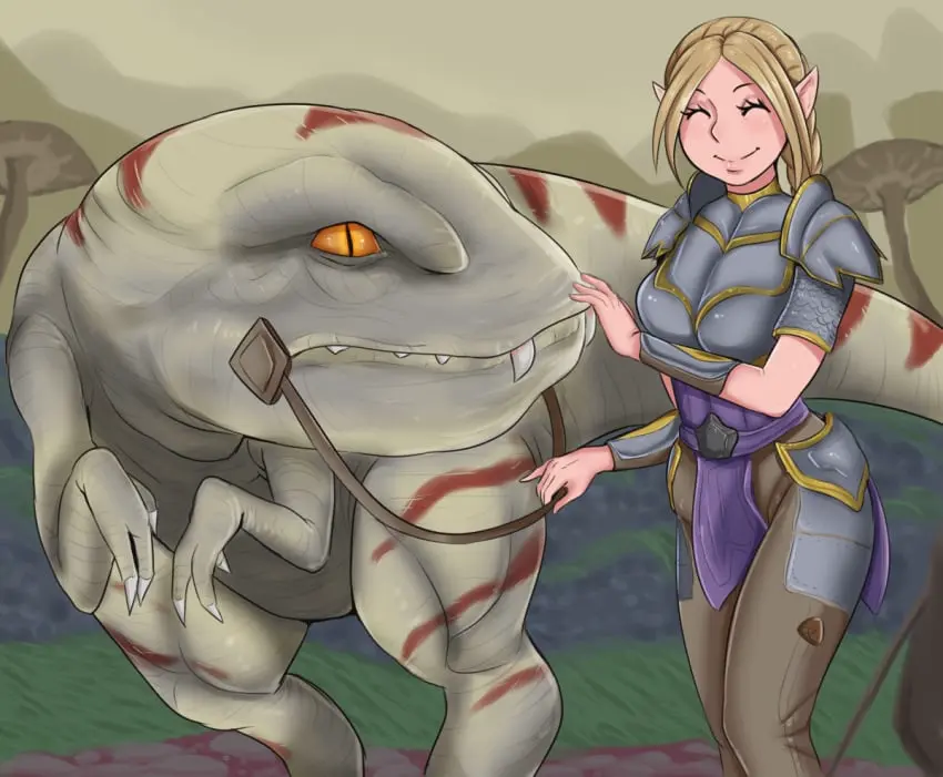 Image 1girls,clothed,female,smile,female_focus,blonde_hair,elf,closed_eyes,elf_ears,elf_female,zoophilia,the_elder_scrolls,dinosaur,morrowind,afrobull,bosmer,guar