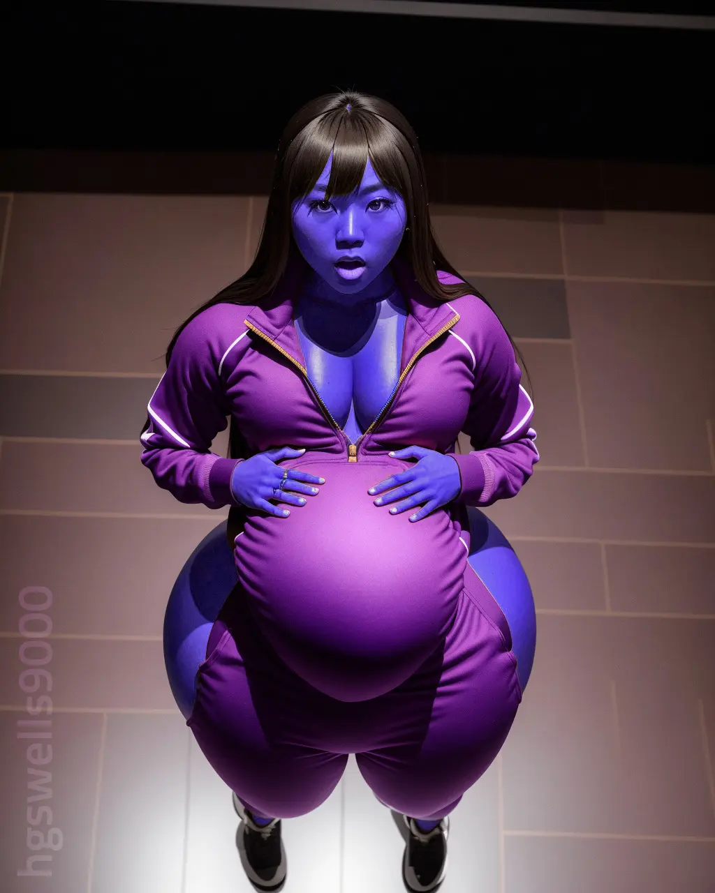 Image 1girls,big_breasts,breasts,female,long_hair,looking_at_viewer,solo,black_hair,big_ass,ai_generated,big_belly,cleavage,tagme,stable_diffusion,blueberry_inflation,inflation,big_thighs,expansion,asian,asian_female,ass_expansion,breast_expansion,blue_skin,zipper,looking_up,ripped_clothing,hand_on_belly,jumpsuit,belly_expansion,zipper_down,hgswells9000,purple_jumpsuit