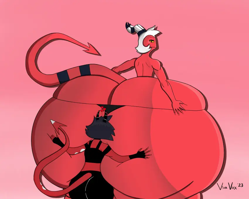 Image 1girls,female,1boy,male,tail,bottom_heavy,huge_ass,massive_ass,size_difference,fat_ass,demon,heart,hearts_around_head,red_skin,helluva_boss,hyper_ass,hyper,larger_male,smaller_female,ass_worship,vivienne_medrano,moxxie_(helluva_boss),millie_(helluva_boss),groping_ass,hugging_ass,hyper_femboy,hyper_male,vivavoxxy
