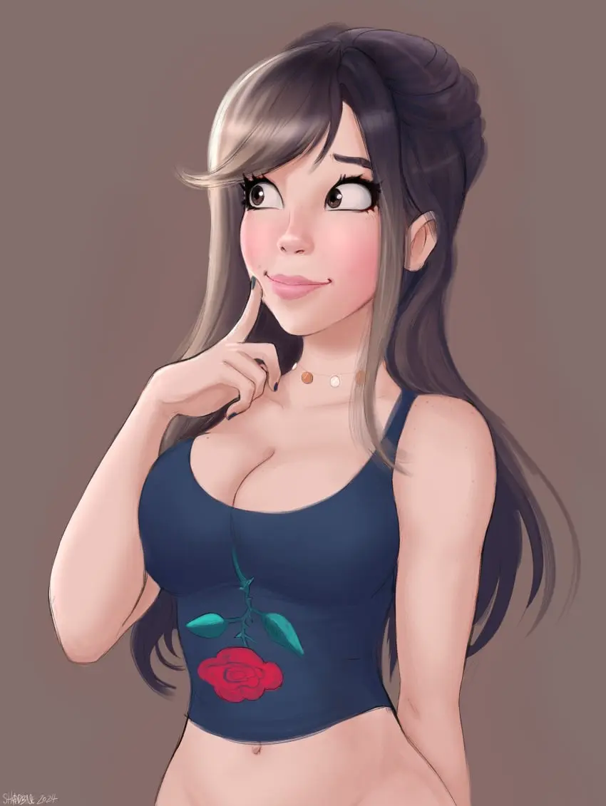 Image 1girls,brown_eyes,clothed,female,female_only,hi_res,simple_background,smile,solo,female_focus,artist_name,cleavage,solo_female,solo_focus,lips,necklace,brown_hair,brown_background,bottomless,signature,tank_top,real_person,belle_delphine,shadman