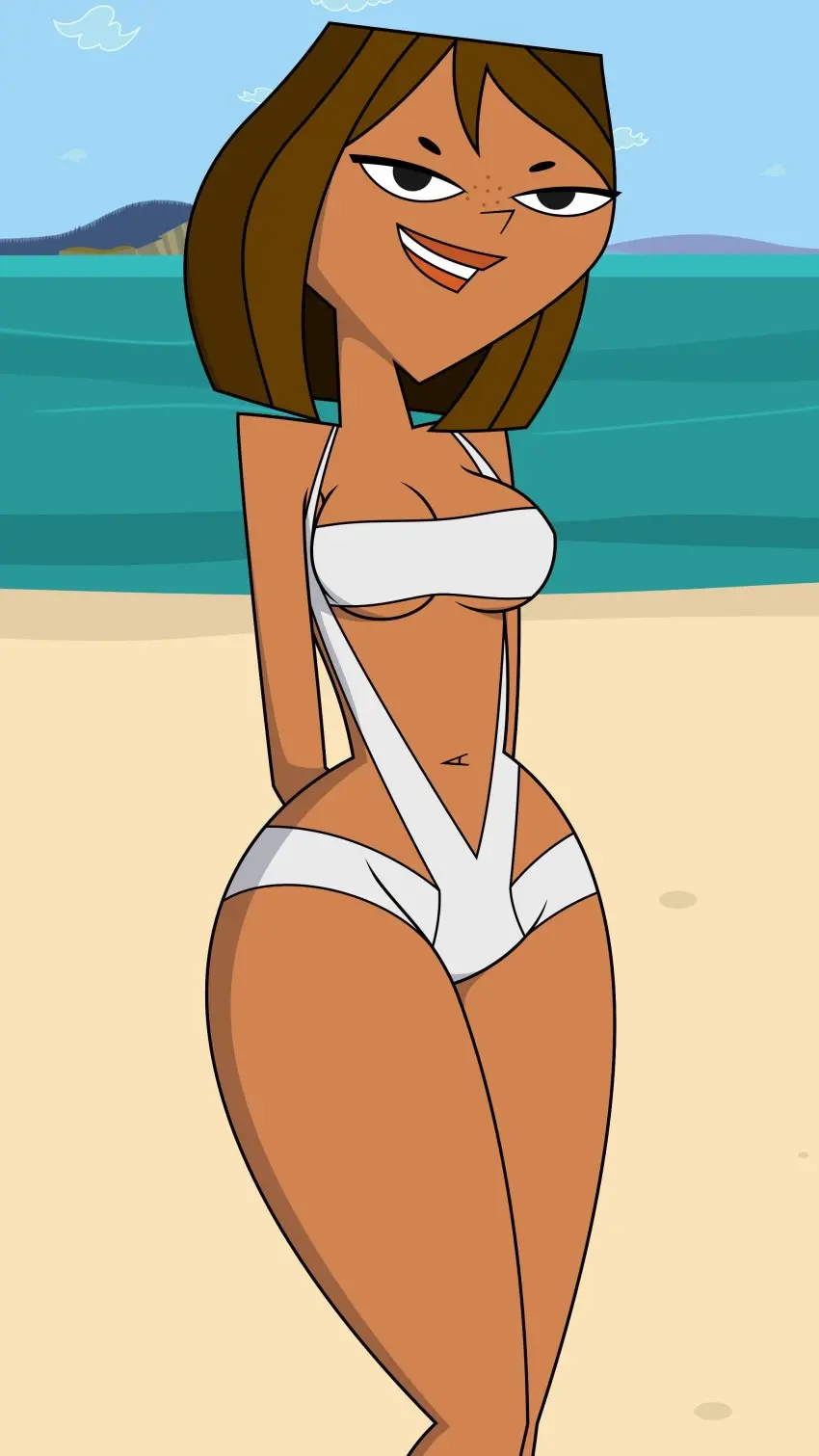Image 1girls,breasts,female,looking_at_viewer,solo,short_hair,thighs,beach,water,cleavage,2d,pinup,alternate_version_available,total_drama_island,cartoon_network,tjlive5,courtney_(tdi)
