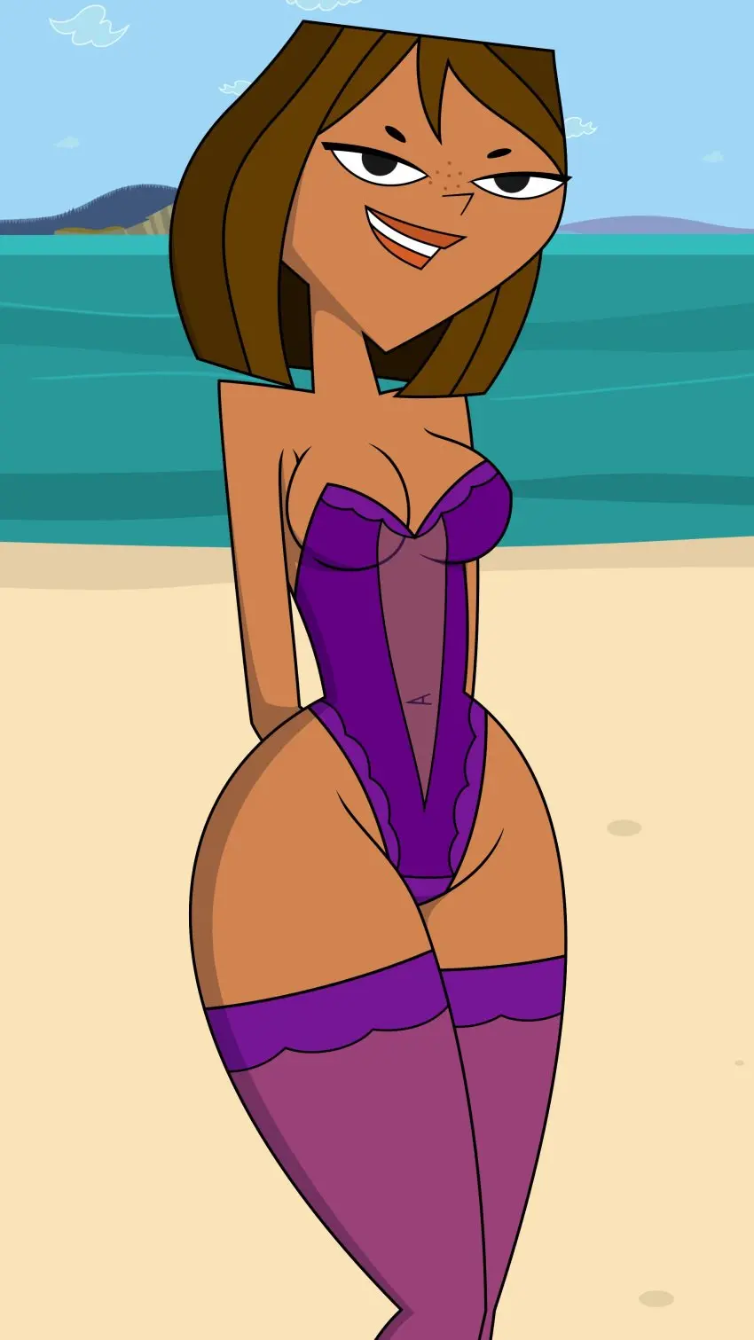 Image 1girls,breasts,female,looking_at_viewer,solo,short_hair,thighhighs,thighs,beach,water,cleavage,2d,pinup,alternate_version_available,total_drama_island,cartoon_network,tjlive5,courtney_(tdi),purple_lingerie