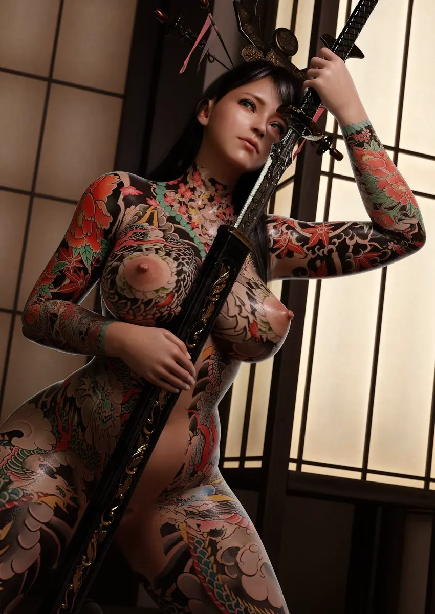 Image 1girls,big_breasts,breasts,female,female_only,human,large_breasts,long_hair,nipples,no_bra,solo,black_hair,nude,solo_female,tattoo,nude_female,pale_skin,3d,no_panties,weapon,crown,casual,nudist,skyarsenic,irezumi,full_body_tattoo,kiku_(skyarsenic)