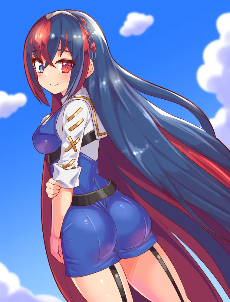 Image 1girls,breasts,female,female_only,looking_at_viewer,red_eyes,solo,blue_eyes,blue_hair,red_hair,ass,big_ass,multicolored_hair,sky,from_behind,medium_breasts,nintendo,heterochromia,fire_emblem,blue_sky,alear_(fire_emblem),fire_emblem_engage,alear_(fire_emblem)_(female),cougar1404