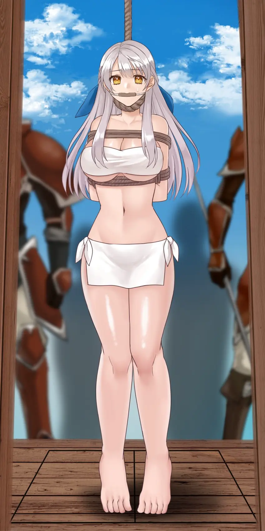 Image 1girls,breasts,female,highres,long_hair,looking_at_viewer,standing,very_long_hair,white_hair,absurdres,male,navel,yellow_eyes,female_focus,thighs,barefoot,sky,2boys,bare_shoulders,cleavage,collarbone,midriff,solo_focus,underboob,huge_breasts,legs,cloud,nintendo,outdoors,multiple_boys,restrained,miniskirt,skirt,stomach,fire_emblem,bondage,imminent_death,tube_top,strapless,femsub,full_body,blue_sky,day,bound,gag,maledom,white_skirt,bare_legs,fire_emblem:_radiant_dawn,arms_behind_back,rope,noose,hazuki_(nyorosuke),bit_gag,bandeau,micaiah_(fire_emblem)