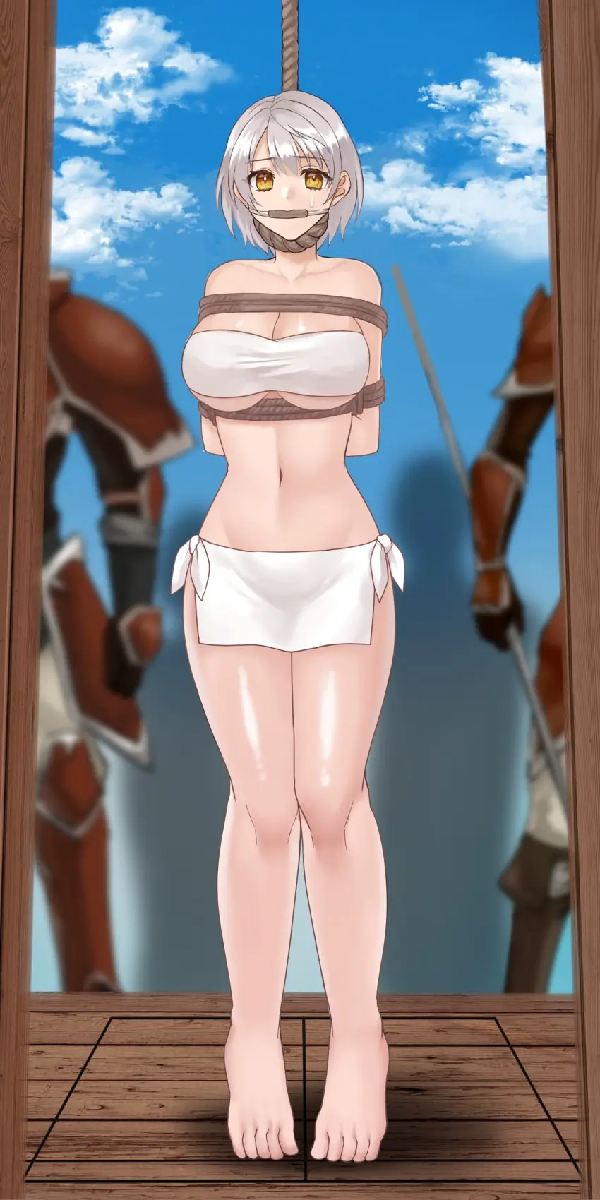 Image 1girls,breasts,female,highres,looking_at_viewer,standing,white_hair,absurdres,male,navel,short_hair,yellow_eyes,female_focus,thighs,barefoot,sky,2boys,bare_shoulders,cleavage,collarbone,midriff,solo_focus,underboob,huge_breasts,legs,cloud,nintendo,outdoors,multiple_boys,restrained,miniskirt,skirt,stomach,fire_emblem,bondage,imminent_death,tube_top,strapless,femsub,full_body,blue_sky,day,alternate_hairstyle,bound,gag,maledom,white_skirt,bare_legs,fire_emblem:_radiant_dawn,arms_behind_back,noose,tubetop,alternate_hair_length,hazuki_(nyorosuke),bit_gag,bandeau,micaiah_(fire_emblem)
