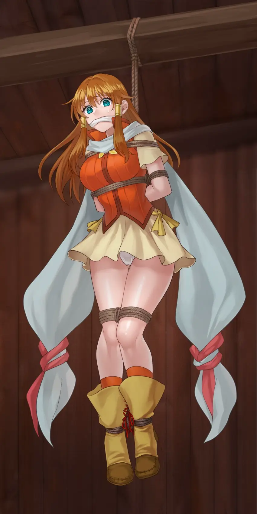 Image 1girls,bow,breasts,female,female_only,highres,large_breasts,long_hair,solo,absurdres,blue_eyes,panties,underwear,ass_visible_through_thighs,legs,brown_hair,socks,indoors,nintendo,restrained,miniskirt,skirt,white_panties,shorts,fire_emblem,bondage,aqua_eyes,femsub,suspension,boots,scarf,nervous,bound,gag,gagged,bound_ankles,white_skirt,bare_legs,fire_emblem:_radiant_dawn,vest,upskirt,arms_behind_back,rope,bound_arms,white_scarf,bdsm,bound_legs,pantyshot,cloth_gag,hazuki_(nyorosuke),improvised_gag,orange_socks,yellow_footwear,shibari,yellow_bow,shibari_over_clothes,bound_torso,mist_(fire_emblem),orange_vest