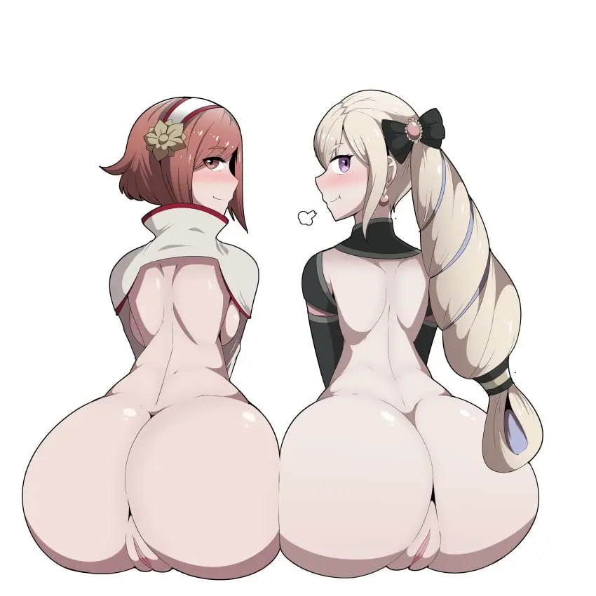 Image blush,breasts,female,female_only,long_hair,long_sleeves,looking_at_viewer,red_eyes,smile,very_long_hair,2girls,multiple_girls,pussy,short_hair,red_hair,ass,earrings,looking_back,hairband,blonde_hair,medium_breasts,back,purple_hair,nintendo,twintails,bottomless,fire_emblem,shortstack,large_ass,fire_emblem_fates,pout,backboob,transparent_background,ass_to_ass,bare_back,sakura_(fire_emblem),source_request,:t,lineup,elise_(fire_emblem),naver,huff
