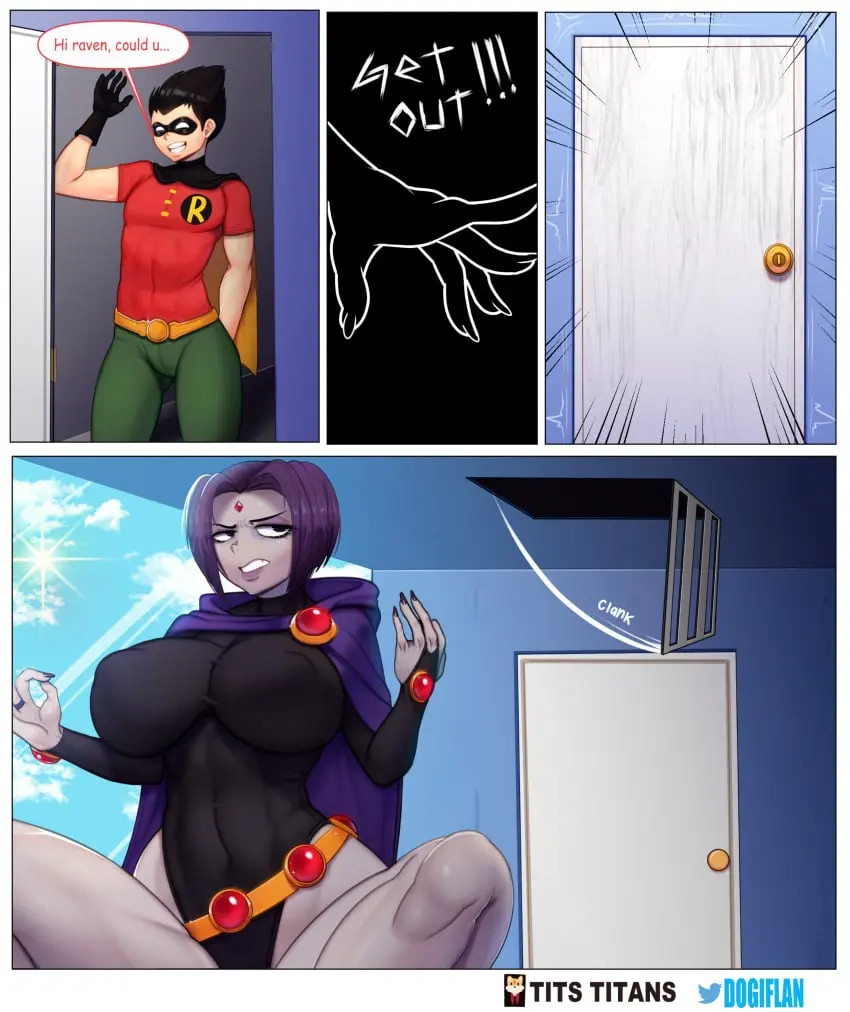 Image 1girls,big_breasts,breasts,female,1boy,male,short_hair,thighhighs,big_ass,thick_thighs,thighs,text,legs,thick,thick_ass,green_skin,teenager,teenage_girl,purple_hair,comic,comic_page,dc,dc_comics,english_text,big_thighs,abs,goth,goth_girl,superheroine,teen_titans,heroine,gothic,dick_grayson,raven_(dc),robin_(dc),robin_(dick_grayson),dogiflan