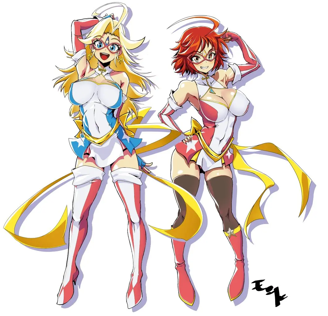 Image big_breasts,breasts,clothed,female,navel,red_hair,thighs,cleavage,thigh_gap,blonde_hair,cleavage_cutout,stockings,heels,squish,superheroine,masked_female,charlotte_vanders,kamen_america,kamen_america_(character),kamen_america_(series),kamen_comet,misha_lovacova,tensindonra