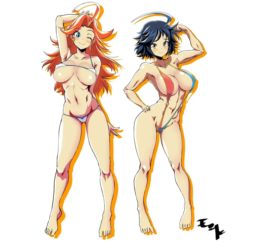 Image blush,black_hair,thighs,midriff,orange_hair,micro_bikini,string_bikini,sling_bikini,superheroine,barely_contained,charlotte_vanders,kamen_america,kamen_america_(character),kamen_america_(series),kamen_comet,misha_lovacova,tensindonra