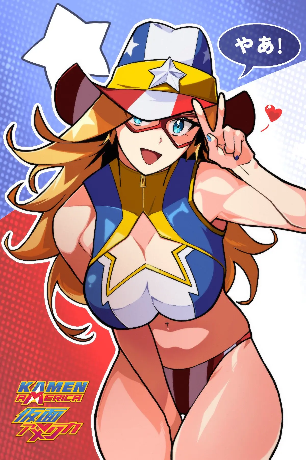 Image big_breasts,breasts,female,blue_eyes,cleavage,midriff,blonde_hair,tease,crop_top,superheroine,zipper,hip_dips,peace_sign,official_art,american_flag_bikini,cowboy_hat,charlotte_vanders,kamen_america,kamen_america_(character),kamen_america_(series),sumpkun