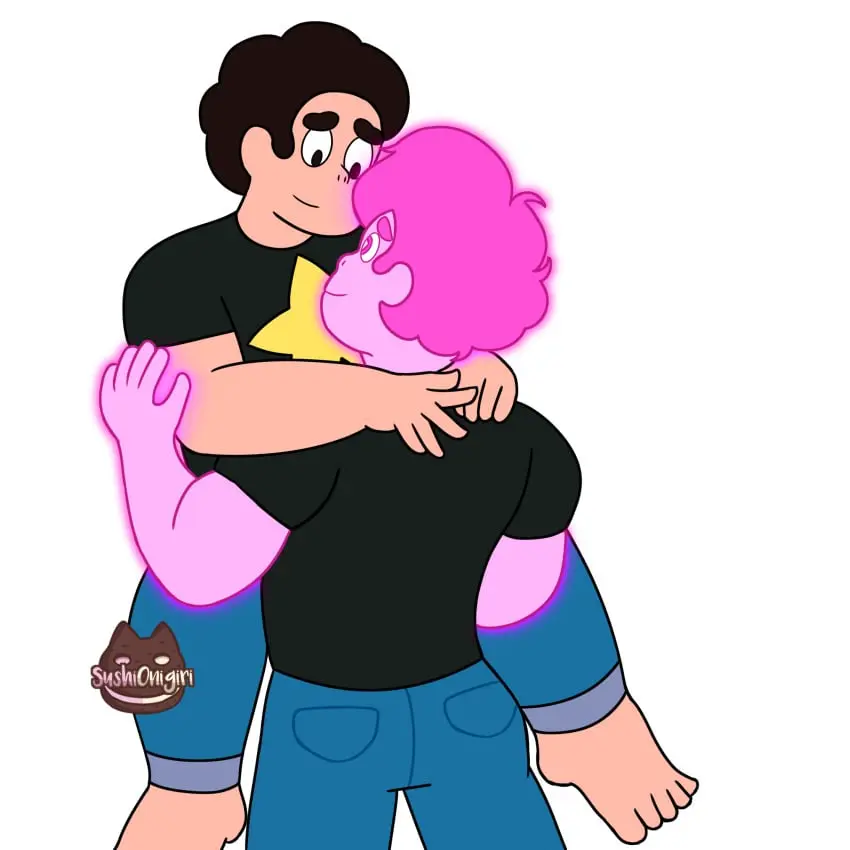 Image clothed,clothing,pants,shirt,smile,male,barefoot,feet,2boys,hair,half-closed_eyes,gay,looking_at_another,pink_body,cartoon_network,clothed_male,transparent_background,gem_(species),steven_universe,steven_quartz_universe,chad_steven,steven_universe_future,pink_steven,gem_hybrid