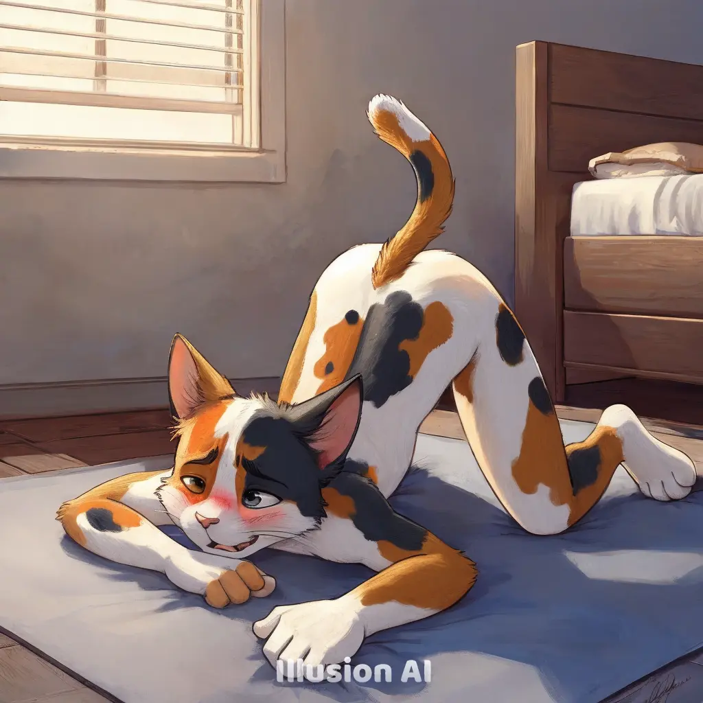 Image male,ai_generated,femboy,feline,ass_up,in_heat,feline_humanoid,on_all_fours,cat_boy,calico_cat,illusion_ai,calico