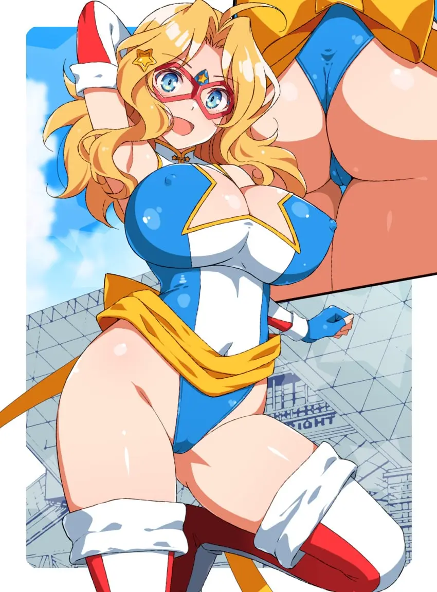 Image big_breasts,breasts,female,blue_eyes,big_ass,thighs,cleavage,blonde_hair,stockings,ahoge,nipples_visible_through_clothing,leotard,cosplay,wedgie,masked_female,american,girls_und_panzer,kay_(girls_und_panzer),kamen_america,kamen_america_(character),kamen_america_(series)