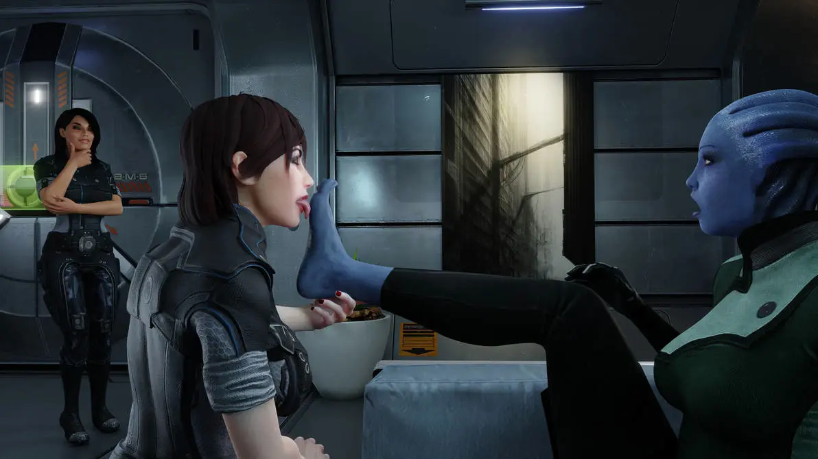 Image female,black_hair,red_hair,foot_fetish,3d,foot_focus,blue_skin,mass_effect,asari,liara_t'soni,mass_effect_3,foot_lick,caucasian,foot_worship,ashley_williams,commander_shepard,femshep,foot_grab,caucasian_female,dais1984