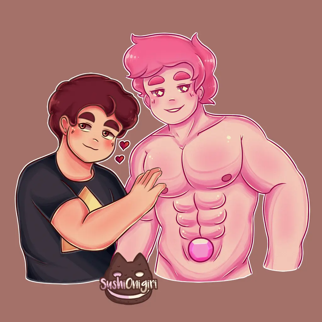 Image blush,clothed,nipples,smile,male,nude,duo,muscular,2boys,male/male,male_only,gem,hair,gay,upper_body,heart,abs,pink_body,gem_(species),steven_universe,steven_quartz_universe,chad_steven,steven_universe_future,pink_steven,diamond-shaped_pupils