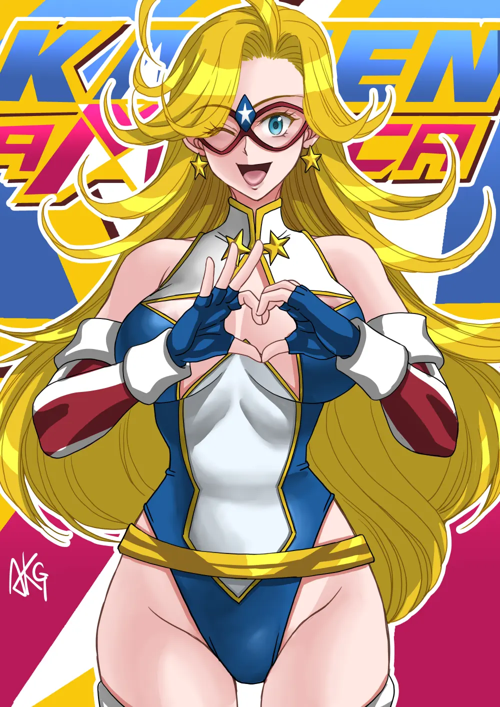 Image big_breasts,breasts,female,blue_eyes,thighs,cleavage,thigh_gap,blonde_hair,wink,heart,leotard,superheroine,masked_female,charlotte_vanders,kamen_america,kamen_america_(character),kamen_america_(series)