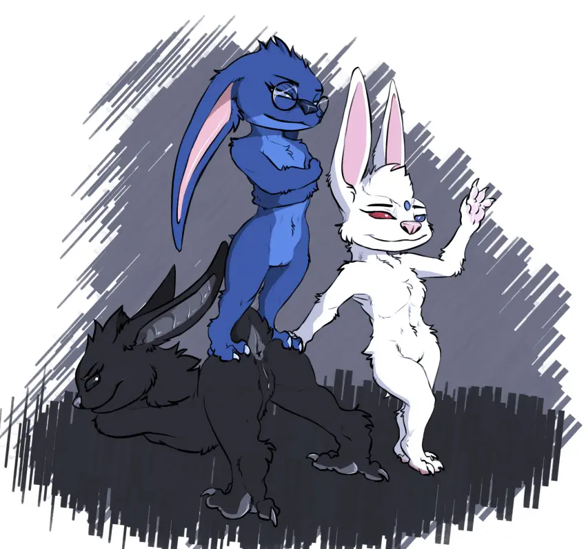 Image female,hi_res,red_eyes,smile,blue_eyes,pussy,digital_drawing_(artwork),digital_media_(artwork),eyebrows,eyelashes,gem,eyewear,glasses,anthro,anus,ambiguous_gender,fur,genitals,claws,paws,toe_claws,black_body,black_eyes,heterochromia,2024,biped,blue_body,4_fingers,fingers,blue_fur,long_ears,group,trio,alien,black_fur,pink_nose,pivoted_ears,finger_claws,ears_down,white_claws,ears_up,alpha_channel,forehead_gem,pink_inner_ear,raised_hand,blue_nose,grey_nose,grey_inner_ear,standing_on_butt,evros,fate_(zafara),zafara_(artist)