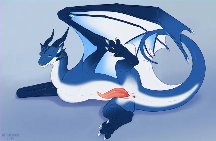 Image hi_res,solo,male,penis,erection,wings,anus,mythology,red_penis,european_mythology,genitals,claws,horn,blue_body,white_body,scales,scalie,white_scales,animal_genitalia,mythological_creature,dragon,mythological_scalie,western_dragon,feral,genital_slit,pawpads,blue_scales,white_claws,blue_horn,membrane_(anatomy),membranous_wings,pink_anus,blue_pawpads,wyvern,deanosaior,white_membrane,korvyn