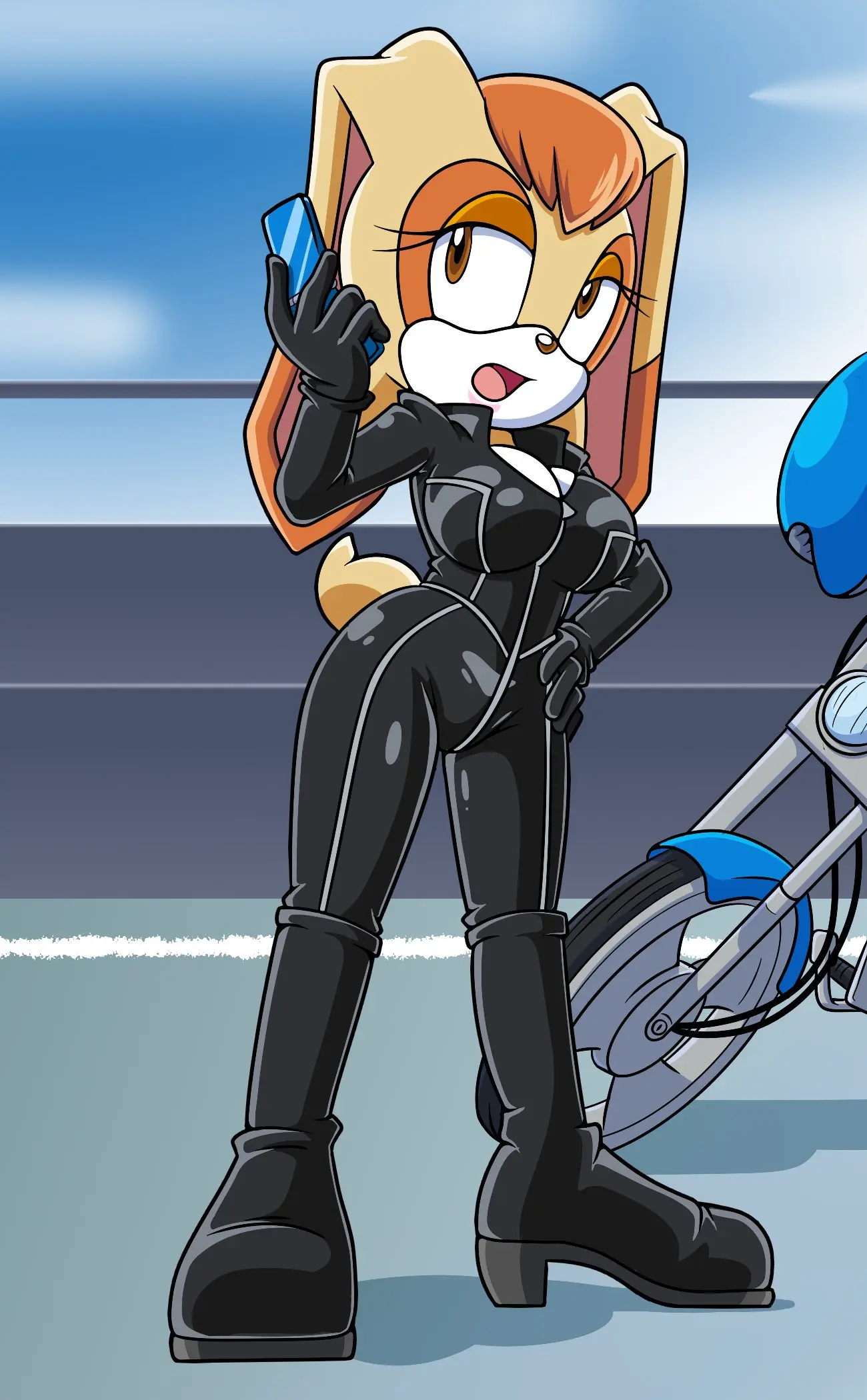 Image 1girls,big_breasts,breasts,female,open_mouth,shiny_skin,solo,thighs,orange_eyes,color,mouth,shiny_hair,solo_female,2d,hand_on_hip,big_thighs,2024,sega,sonic_(series),sonic_the_hedgehog_(series),2d_artwork,boots,phone,vanilla_the_rabbit,shiny_breasts,phone_call,motorcycle,motorcycle_suit,sonic_x,leather_suit,lindsey_thorndyke,sonicguru