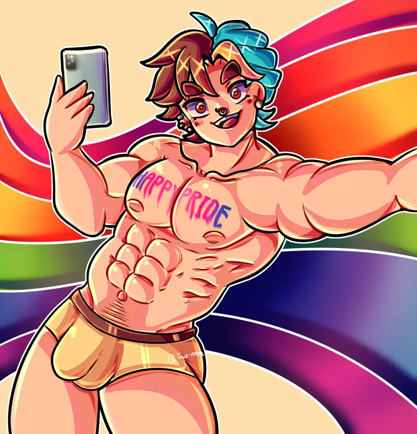 Image solo,1boy,male,muscular,male_only,digital_media,2d,original_character,bulge,young,oc,toony,muscles,lgbt_pride,pride_colors,rainbow_pride_colors,pride_flag,bisexual_pride_colors