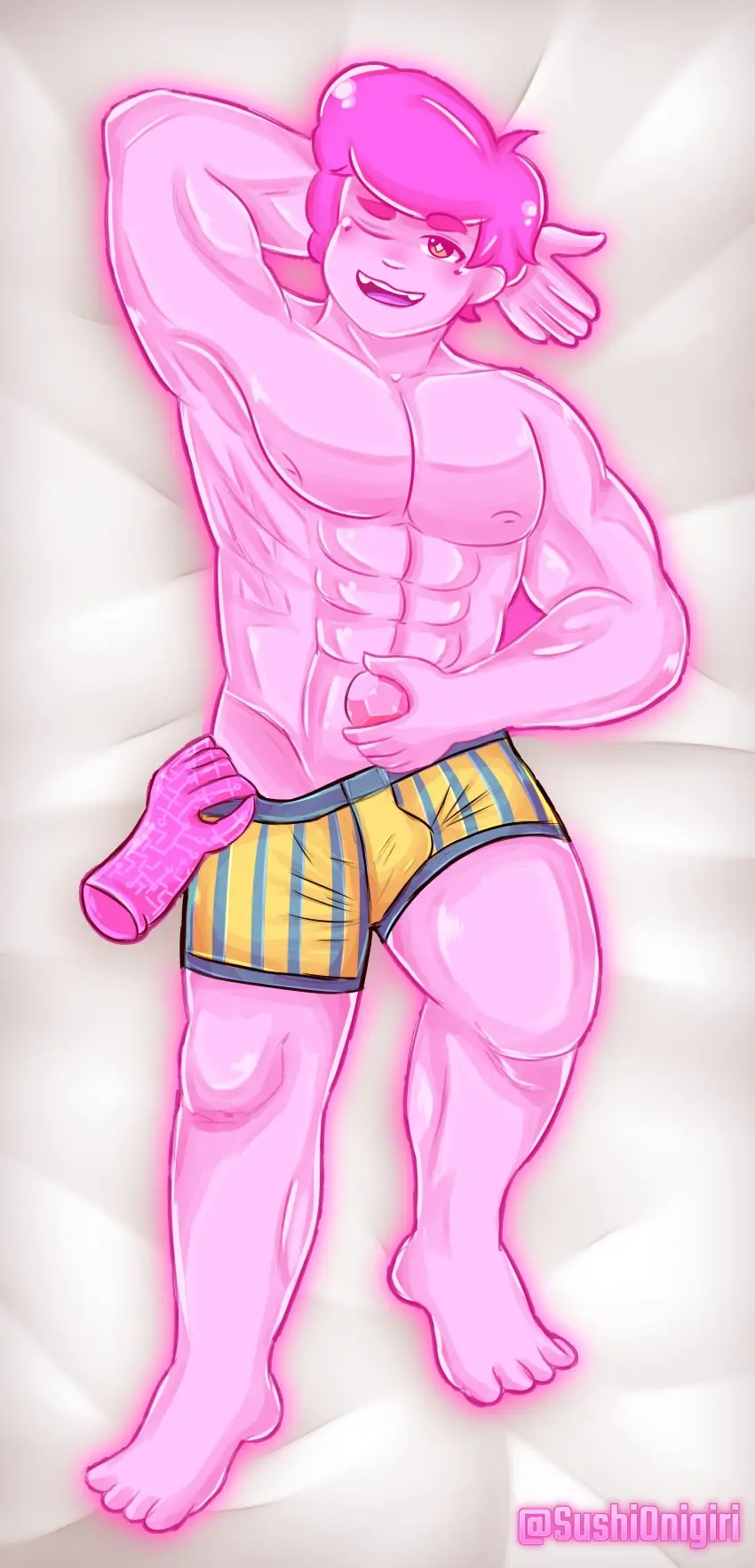 Image solo,male,underwear,male_only,gay,underwear_only,pink_body,dakimakura,disembodied_hand,steven_universe,steven_quartz_universe,chad_steven,steven_universe_future,dakimakura_design,dakimakura_pose,pink_steven,diamond-shaped_pupils