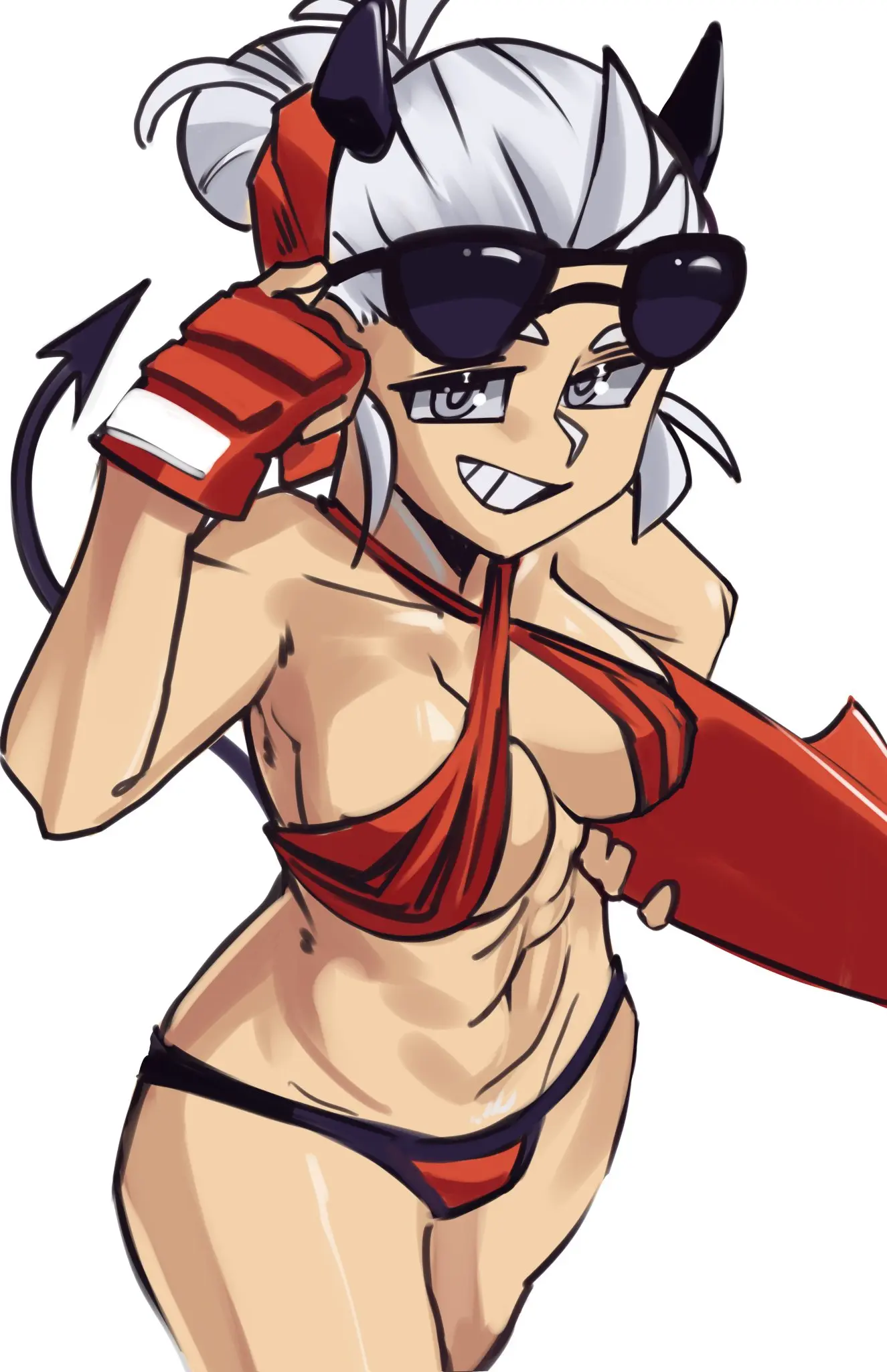 Image 1girls,big_breasts,breasts,female,female_only,looking_at_viewer,shiny_skin,simple_background,smile,solo,white_background,white_hair,tail,demon_tail,bikini,horns,open_smile,sunglasses_on_head,grey_eyes,2024,helltaker,2020s,sunglasses,surfboard,moxydrawsmore,justice_(helltaker)