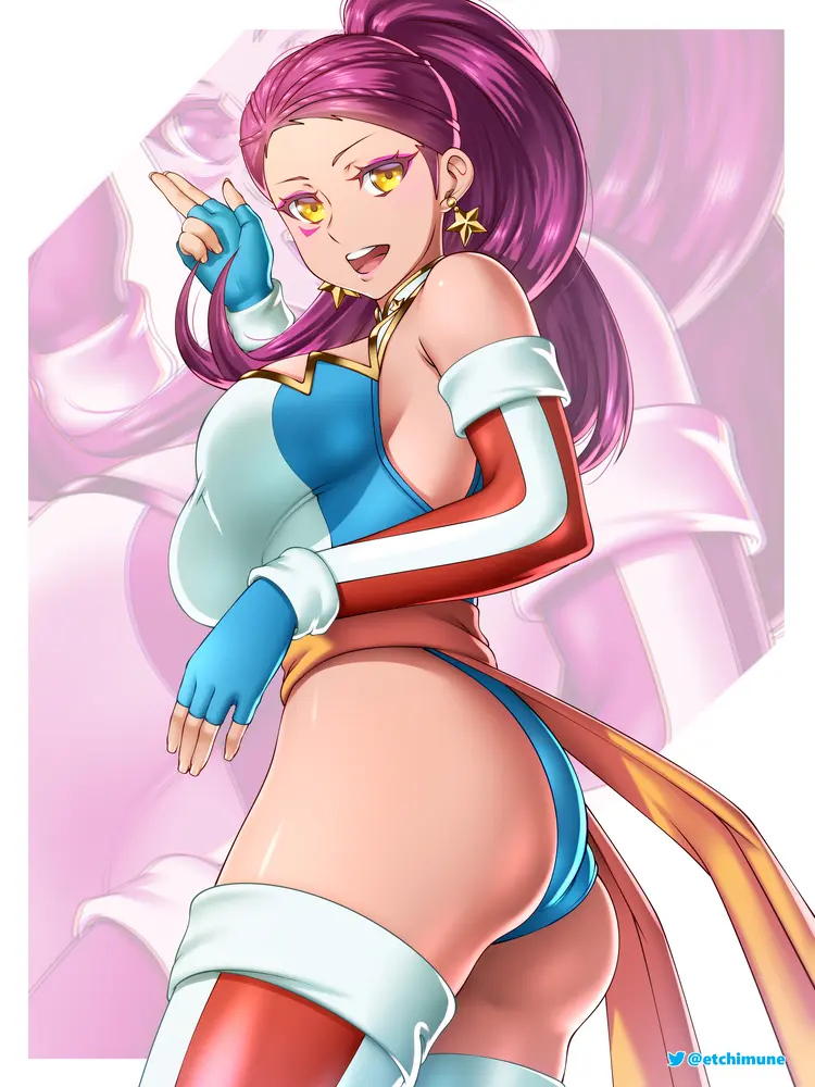 Image 1girls,breasts,female,female_only,large_breasts,looking_at_viewer,open_mouth,solo,gloves,yellow_eyes,ass,big_ass,huge_ass,thick_thighs,thighs,cleavage,sideboob,purple_hair,nintendo,alternate_costume,fire_emblem,fire_emblem:_three_houses,fingerless_gloves,cosplay,crossover,petra_macneary,etchimune,kamen_america,kamen_america_(series),kamen_america_(cosplay)